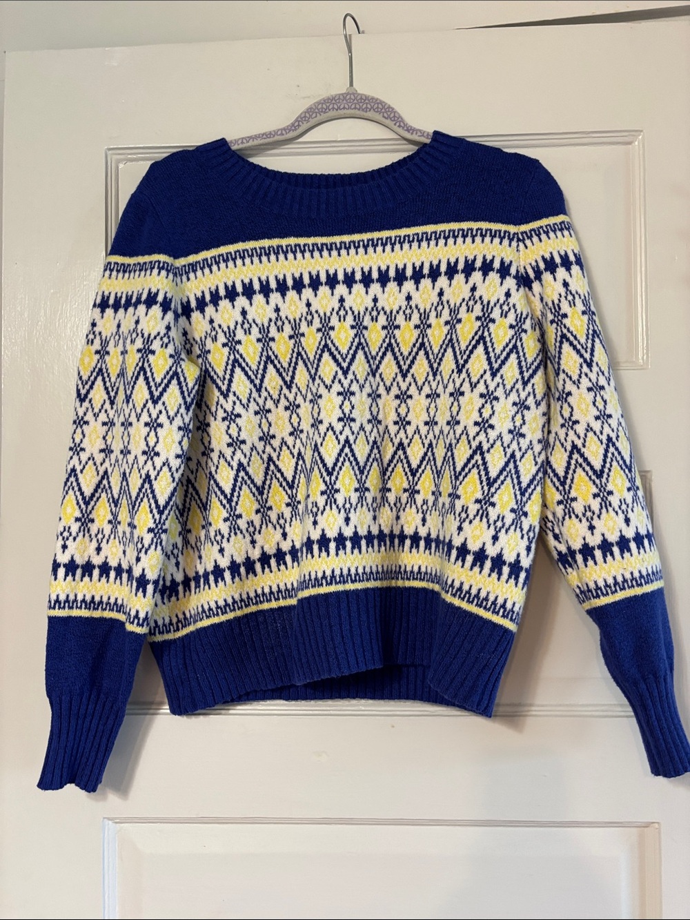 LOFT Blue, White & Yellow Fair Isle Crewneck Sweater